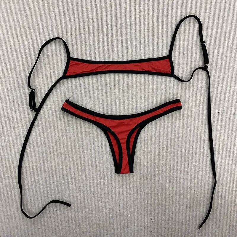 Y2K Retro Shoulder Strap Adjustable Backless Simple Summer Split Bikini Aesthetic Sexy Spice Girl Beach Contrast Color Swimsuit Z260206