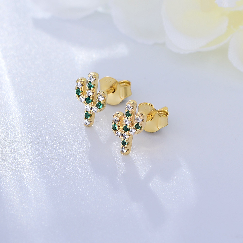 s925 silver plant cactus micro-inlaid zircon small for women, Japanese Korean sweet and fresh personalized earrings
