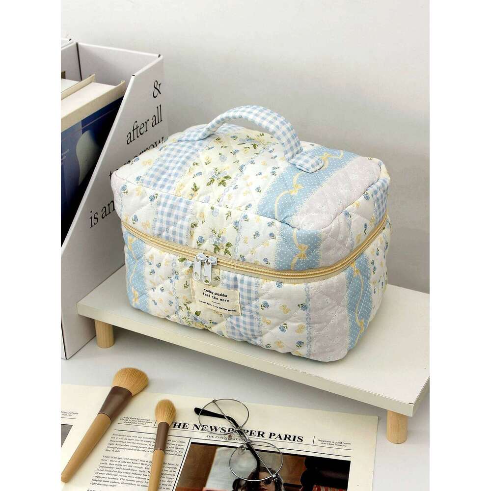 1pc/set blue patchwork quilted floral portable bag, multifunctional large capacity makeup bag Y260206