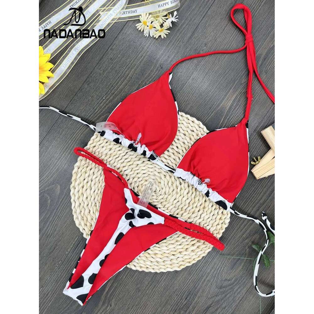 Nadanbao Sexy Heart Print Bikini Sets Women Fashion Backless Beach Party Swimwear Female Halter Plicated Two-Piece Swimsuit Z260206