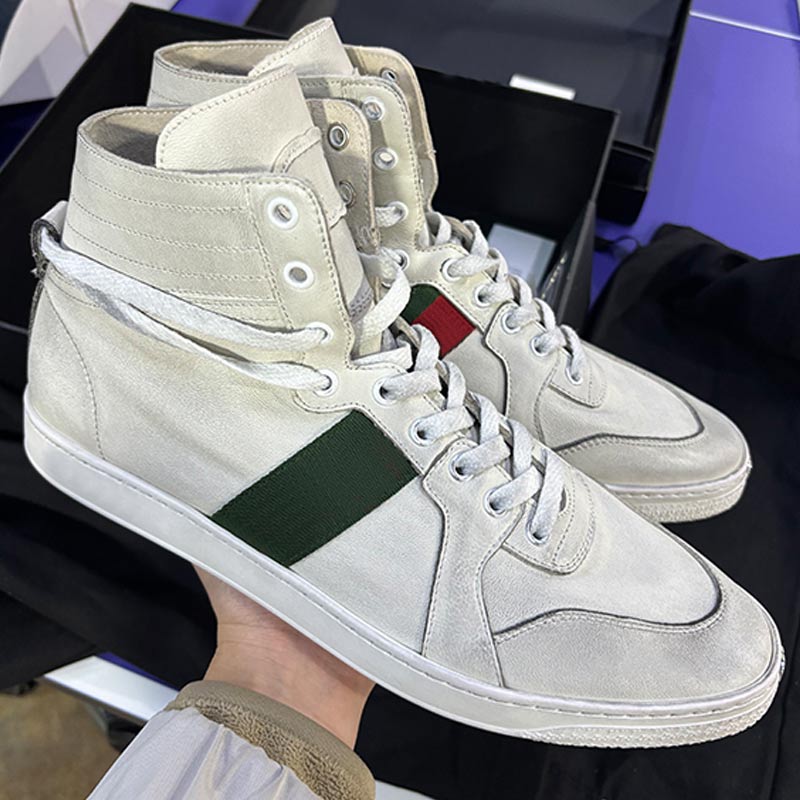 Mens Stretch High Top Sneaker Brand Designer Men Sports Shoes Retro Wear Effect White Soft Stretchy Leather Rubber Sole 2026SS Summer House Casual Mens High Top Shoes