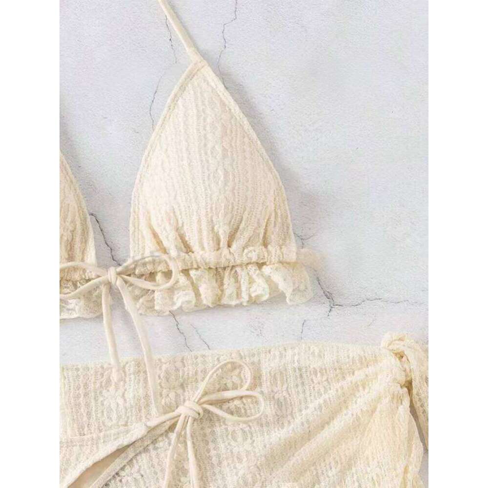 2025 Women Sexy Halter Bikini 3 Piece Set Solid Milky White Swimsuit With Mesh Cover Ups Beach Vacation Brazilian Bathing Suit Z260206