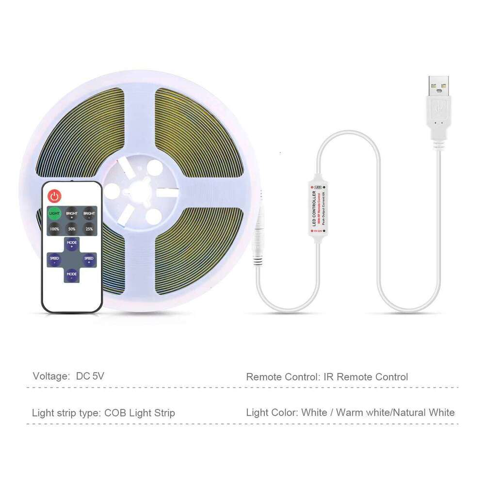 Linear Dimmable COB Strip DC 5V USB With RF Remote Control 320LEDs/M Flexible LED Tape Ribbon for Room Decor Lighting Z260206