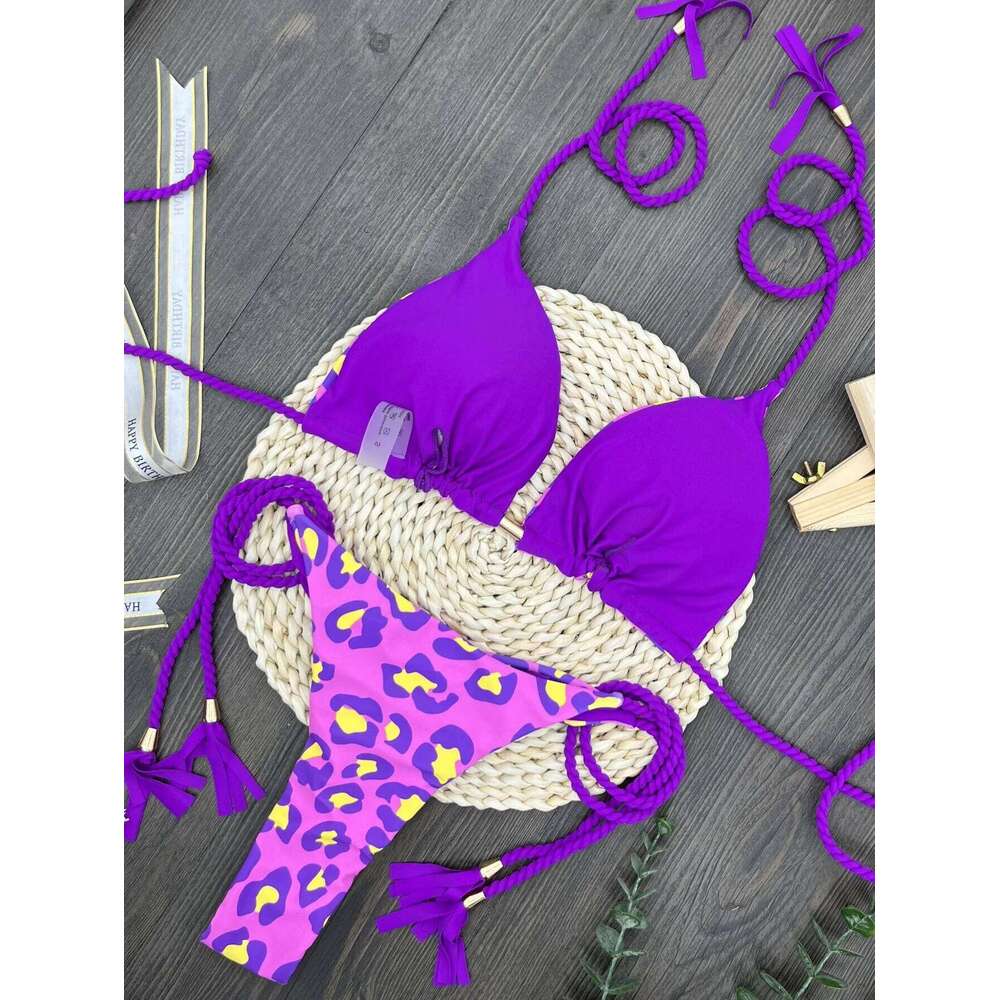 New Arrival Rope Printed Sexy Backless Split Swimsuit Nylon Spliced Color Bikini Z260206