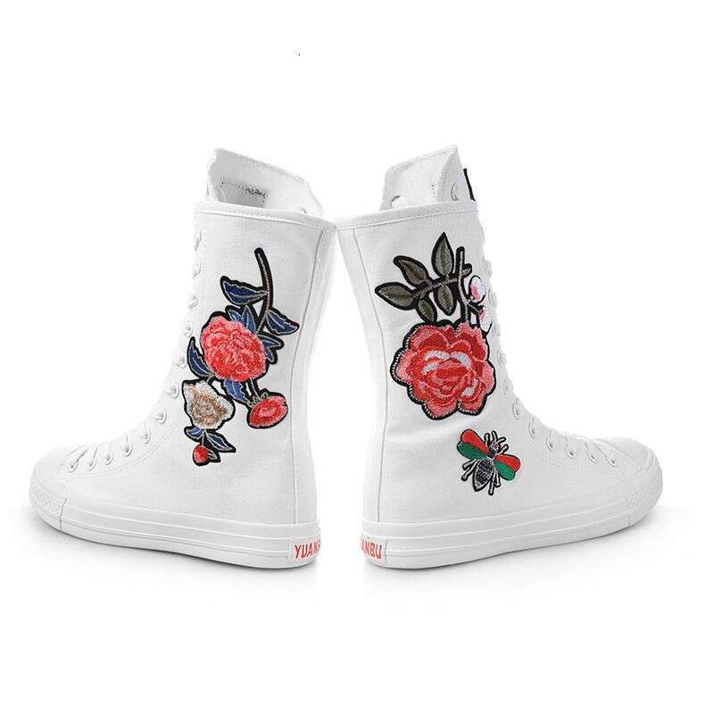 New Canvas Shoes Inner Zipper, Lace-Up, Breathable And Comfortable, Asymmetrical Pattern, Mid-High Top, Embroidered With Chinese Style Floral Designs 