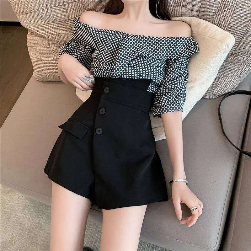 MEXZT 4Xl Suit Black Women High Waist Irregular Wide Leg Short Pants Office Lady Elegant A Line Loose Shorts Skirts New XJ260206