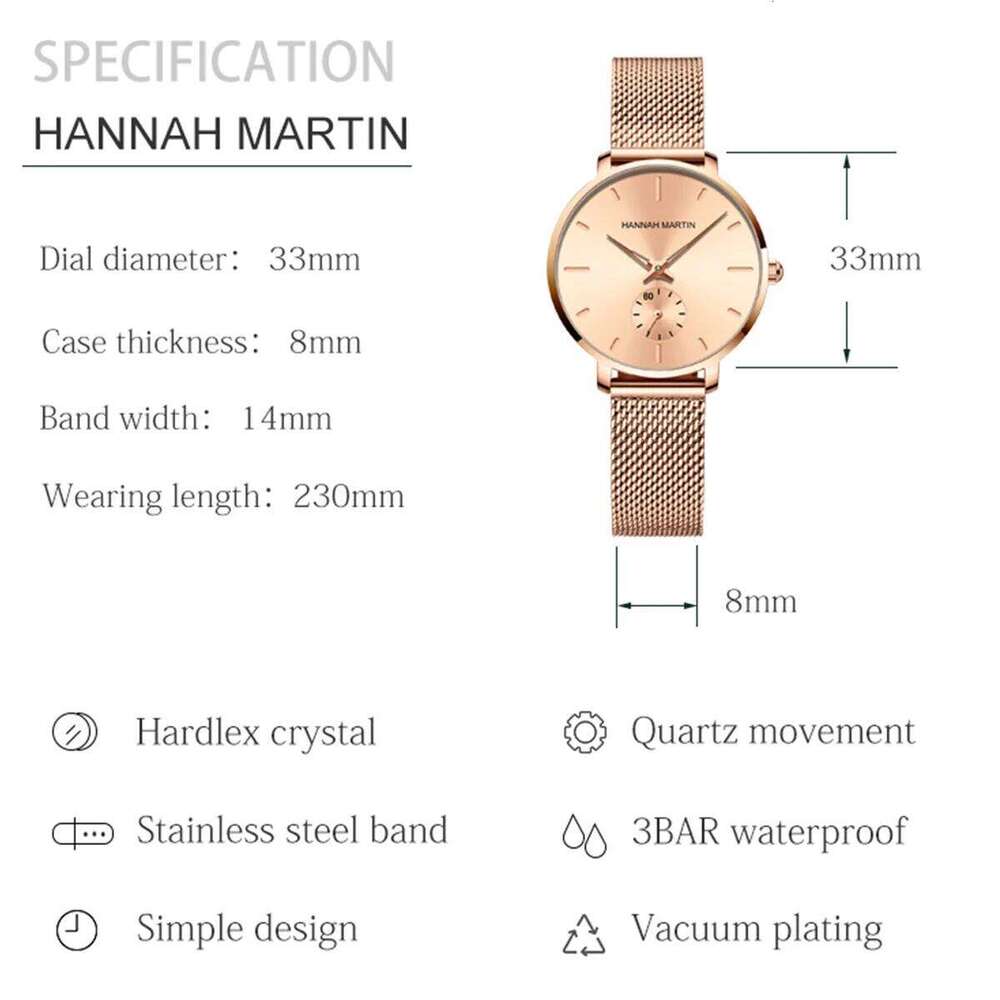 HANNAH MARTIN Brand Watch Rose Gold Dial 33mm Stainless Steel Mesh Strap Casual Fashion Dropshipping Quartz Women Watches Z260206