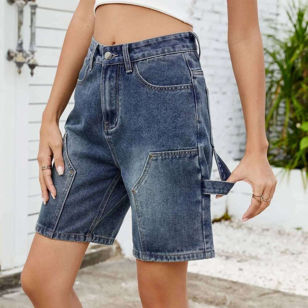 Straight Pants Women Denim Shorts Vintage Jeans Knee Length Trousers Mid Waist Washed Distressed Pockets Female Streetwear C260206