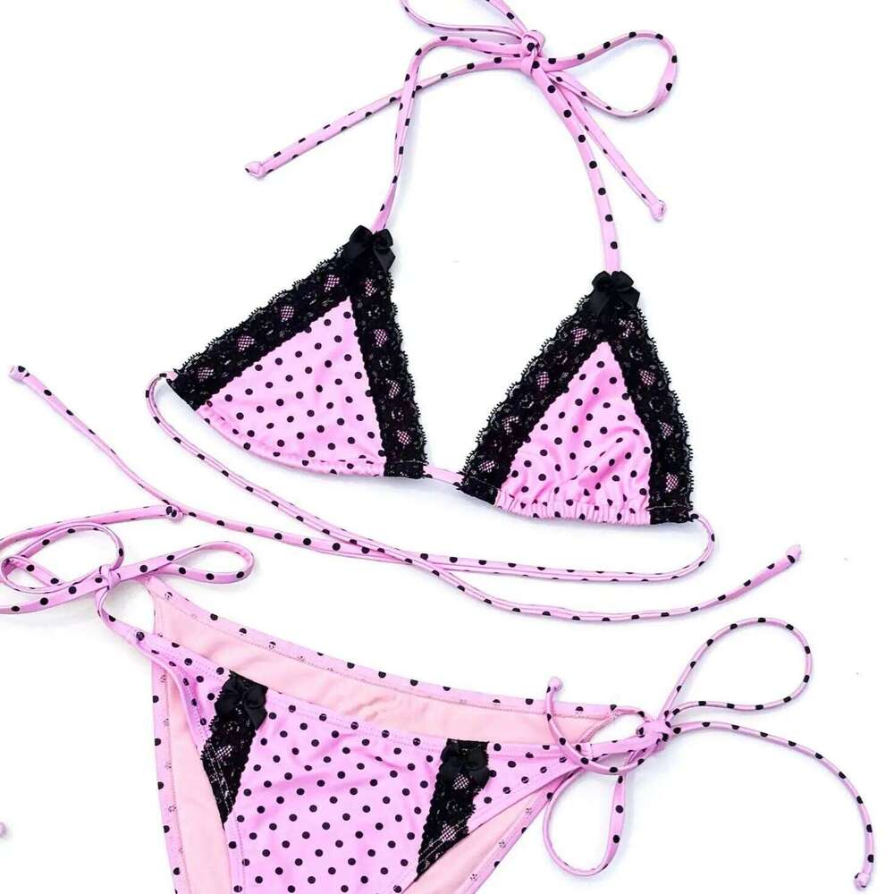 Girl style spicy girl cute lace patchwork polka dot neckband low waist two-piece bikini set Z260206