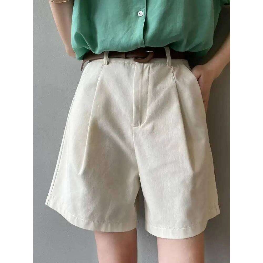 Belt Pure Cotton Women High Waist Wide Leg A Line Suit Shorts Office Lady Solid Loose Casual All Match Short Pants XJ260206