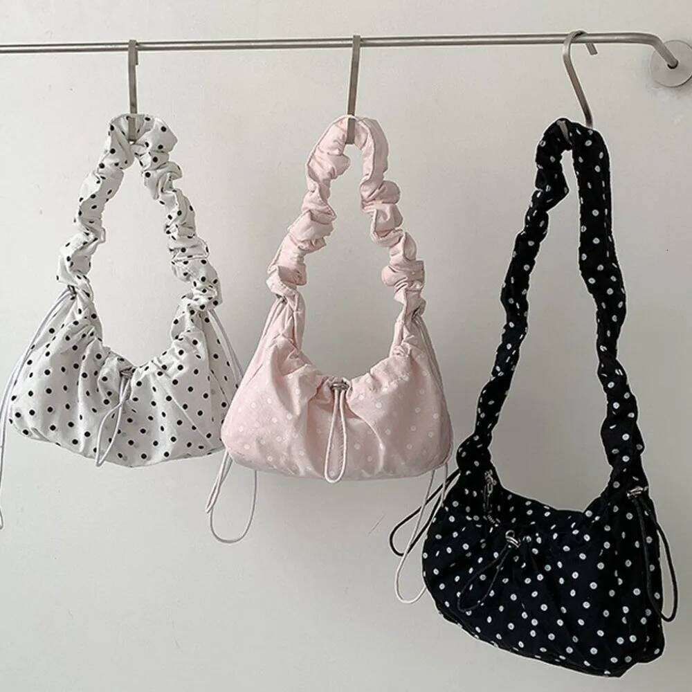 Women Polka Dot Underarm Large Capacity Crossbody Retro Drawstring Pleated Dumpling Bag for Outdoor Travel Clutch Purse Y260205