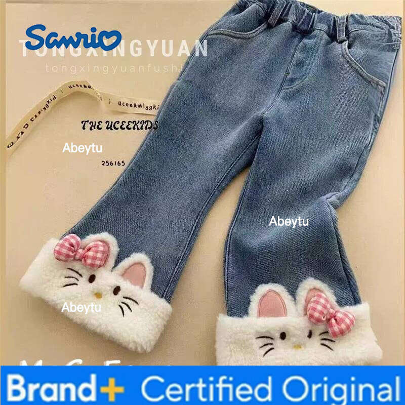 Sanrio Girls Thick Winter 2026 Children Warm Velvet Jeans For Baby Girl Clothing Kids Long Trousers Cute Leggings Costume Pants 7 H260206