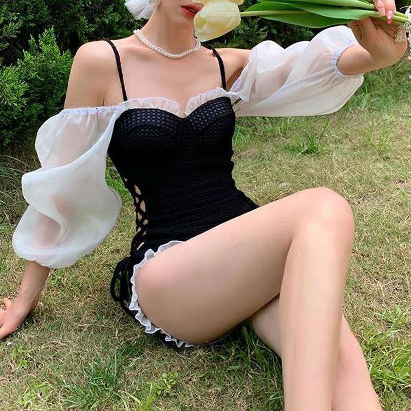 2023 Beach Style V-neck Suspender with Ruffle Edge Tie Up Waist Long Sun Protection Sleeve Detachable Bikini Set Z260206