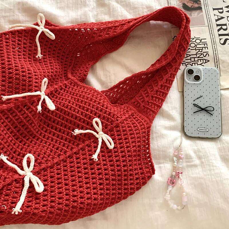 Knitted Bag Bow Vintage Knit High Quality Woven Handbag Large Capacity Daily Wear Shoulder Ladies Hand Bags 2025 Y260205