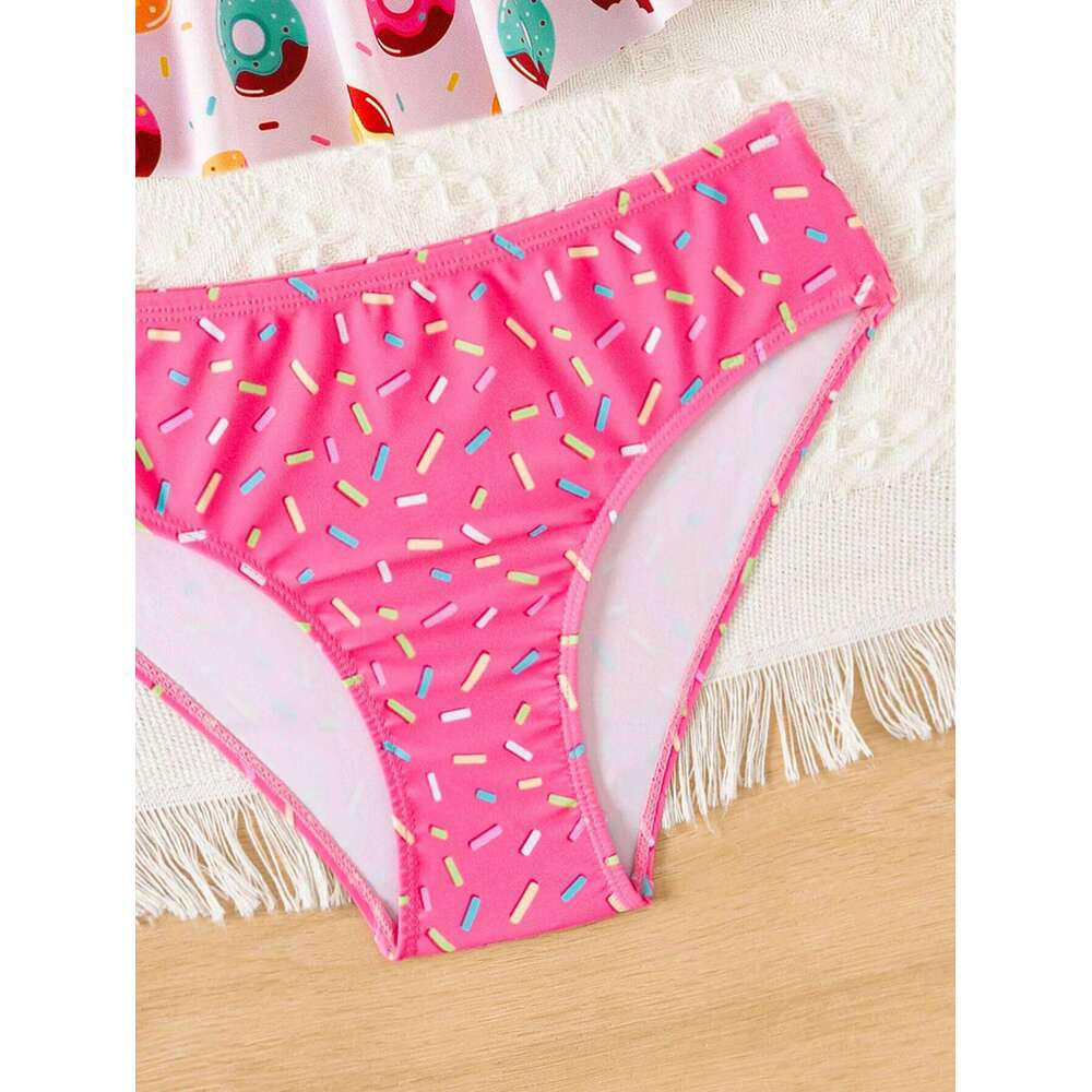 Donut Print Ruffle Deco Bikini Set Summer Beach Outdoor Cute 2-piece swimwear Contrast Adjustable Girls Kids Swimsuit XJ260206