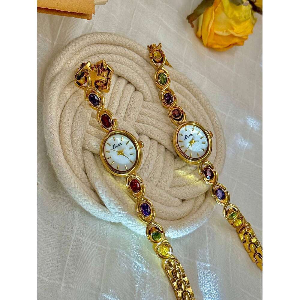 1 Piece of New High-End Colorfuled Tourmaline Gem Rhinestone Inlaid Accessible Luxury Retro Elegant Fashion Women's Watch Oval Mother-Of-Pearl Di