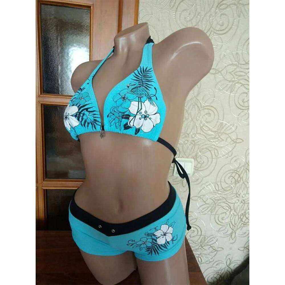 Vintage Flower print Cutie set Bikini 2000s Swimsuit Sexy Women Bathing Fashion Halter Strap Swimwear High Street Beach Female Z260206