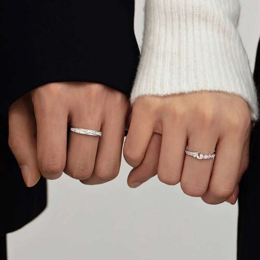 Trendy Charm 925 Sterling Silver Micro-inlay Zircon Star Moon Adjustable Couple Rings for Women Men Valentine's Day Jewelry Gift W260206