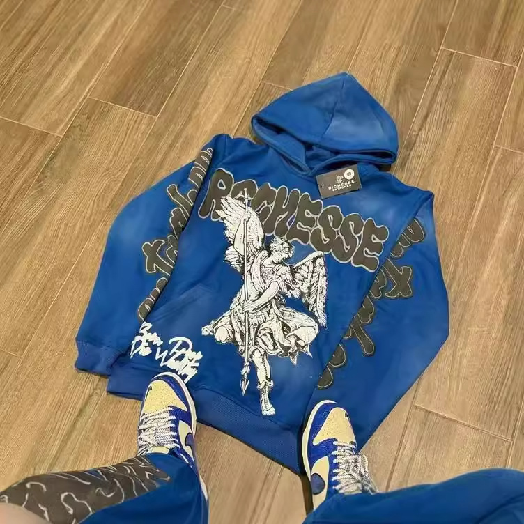 Luxury Brand Designer Clothes American Retro Sweatshirt For Men, Loose Fit, HESSE Angel Niche Art Hoodie, Pullover, Outerwear, Cool And Stylish Top