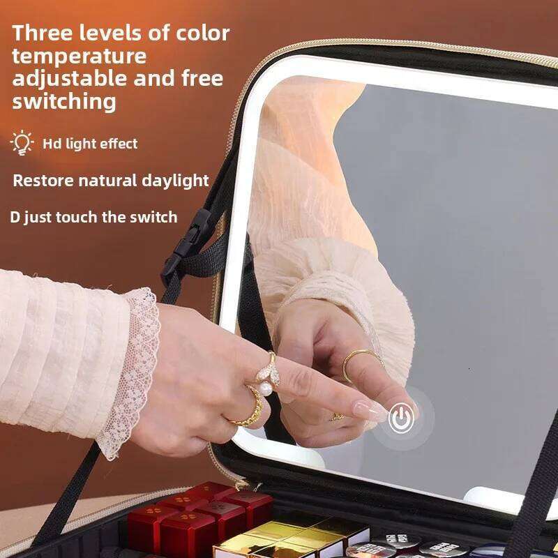 Cross-border High Aesthetic ValueLEDLight Strip Mirror Makeup Case Large Capacity Travel Portable Handheld Cosmetic Storage Bag Y260206
