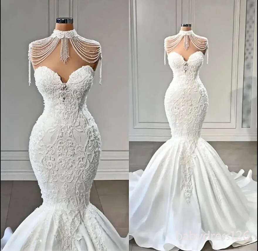 Vintage High Neck Mermaid Wedding Dresses Appliqued Lace Sweetheart Bride Gowns vestidos de novia J26