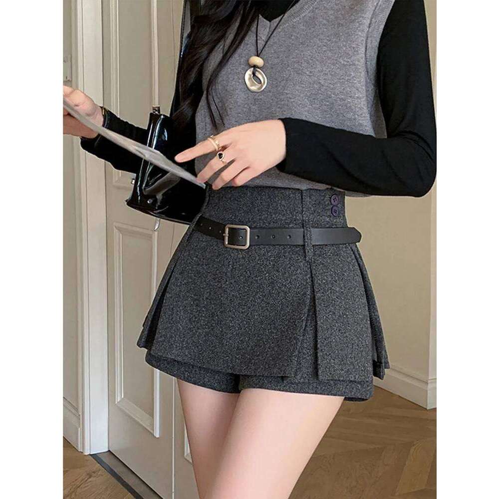 High Waist Gray Thicking Woman Wool Skirts Shorts With Belt Preppy Style Casual Slim Hot Sweet Short Pleated Skirt Lady XJ260206