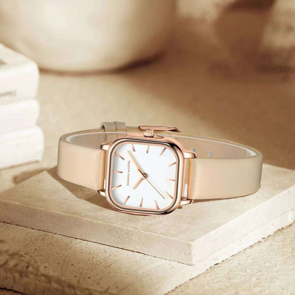 Hannah Martin Square Women Fashion Rose Gold Leather Minimalist Style Girls Clock Quartz Movement Casual Waterproof Watch Z260206