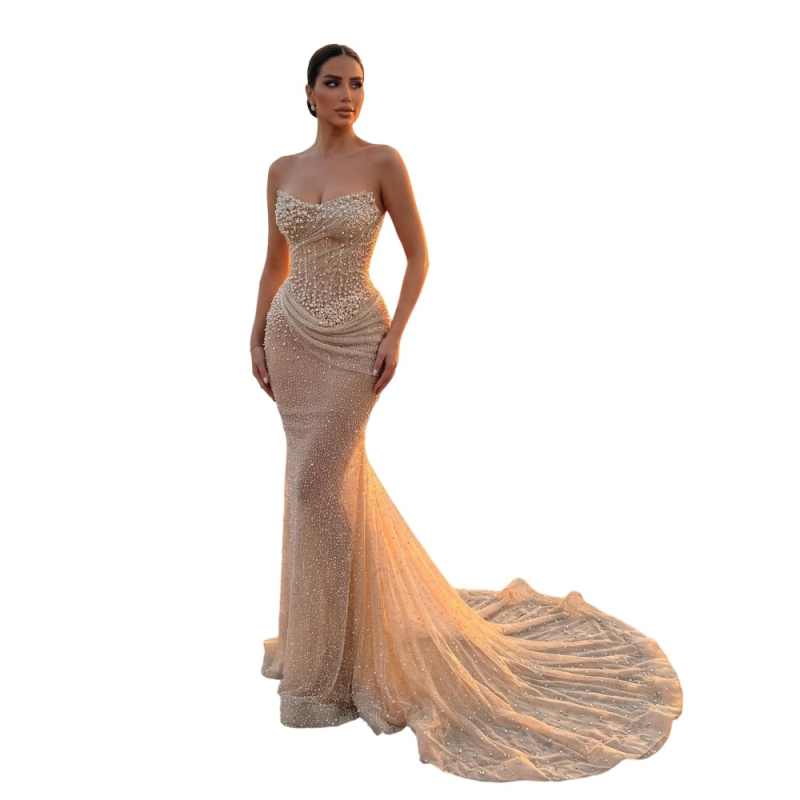 Exquisite Glitter Mermaid Women's Evening Dresses Customized Sleeveless Pearls Prom Gowns Party Vestidos Para Mujer Elegantes
