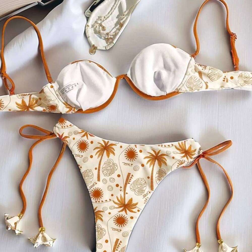 Printed Push-up Strap Swimsuit suit Built-in Chest Pad Beach 2-piece Bikini Set for Women Z260206