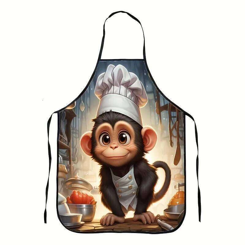 Funny Monkey Chef Hat Cartoon Kitchen Apron, Digital Print Design for Cooking & Dining S260205