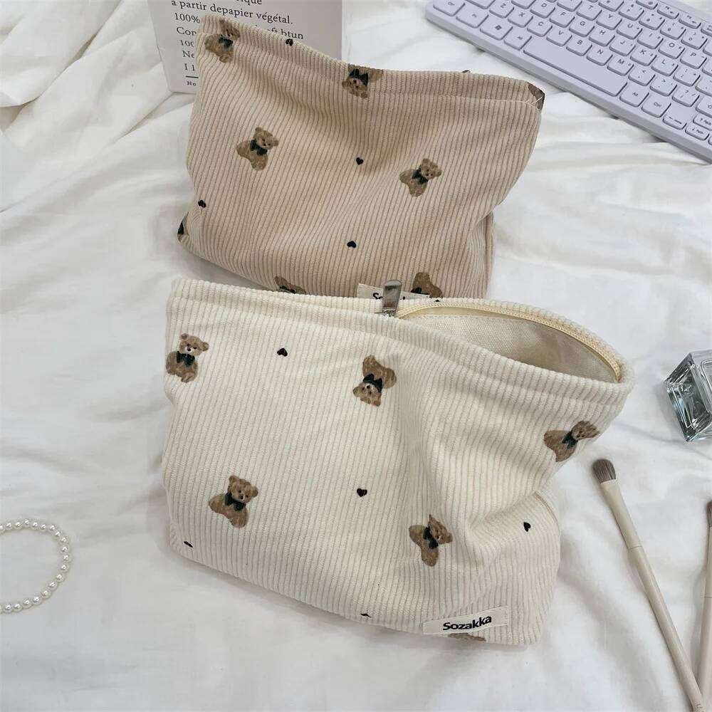 New Corduroy Bear Printed Clutch Cosmetic Large Capacity Pouch Toiletries Bag Travel Outdoor Makeup Storage Y260206