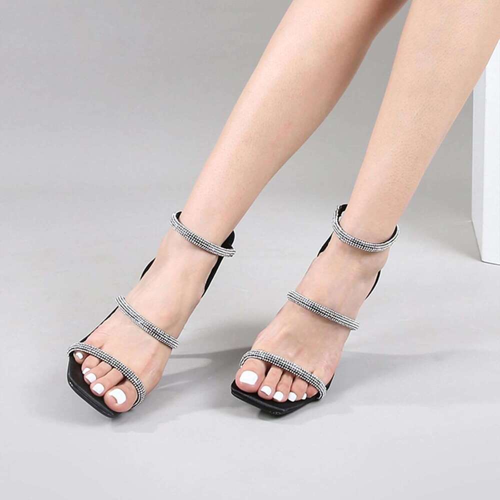 Women S Rhinestones Strappy Stiletto High Heels Square Toe Back Zip Casual Dress Sandals Shoes 2026 Black