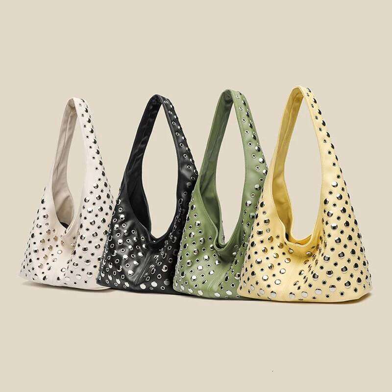 2025 Women's New Round Dot Rivet Shoulder Handbag Fashion Bucket Solid Color Underarm Bag Y260205