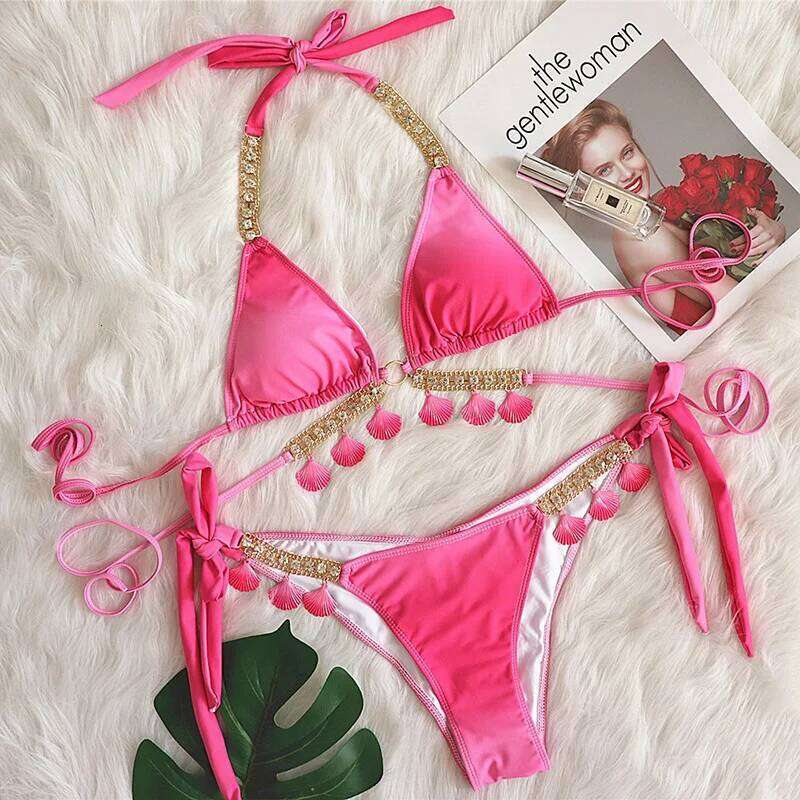 Pink Sexy Bikinis 2025 Swimsuit With Rhinestones Women Swimwear Female Push Up Bikini Beach Swim Wear Bathing Suits Pool Bather Z260206
