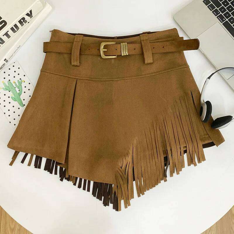 Autumn Winter Women's Faux Suede Skirts Retro High Waist Irregular Tassel Short Pants Side Zipper Anti-glare Boot Shorts XJ260206