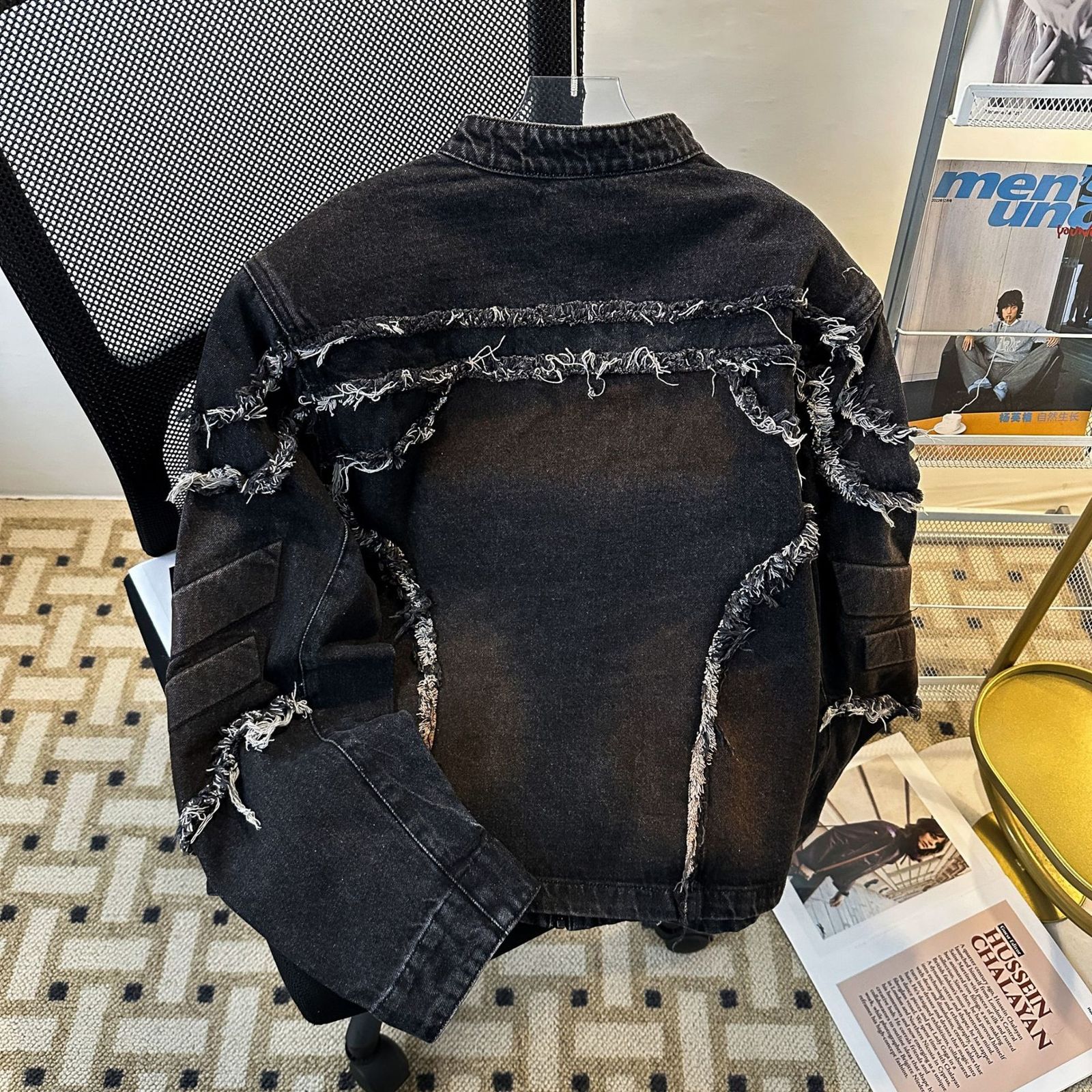 Embossed Frayed Shoulder Pads Denim Jacket Men Spring Autumn American Style Cool Stand Collar Trendy Brand Motorcycle Jacket 250625