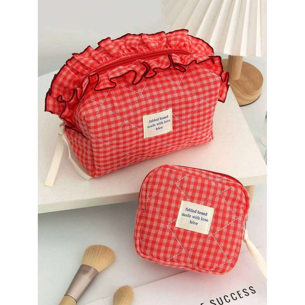 1pc/set Lace Plaid Quilted Multifunctional Portable Travel Storage Bag, Cute Ruffle Makeup Bag Y260206