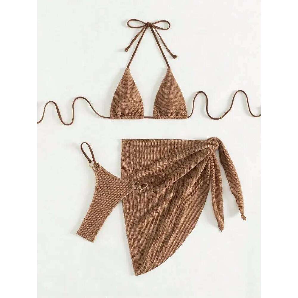 Sexy Brown Bikini Set 2025 Women Halter Push Bra Skirt 3 Piece Swimsuit Summer Bathing Suit Cover Up Thong Swimwear Biquini Z260206