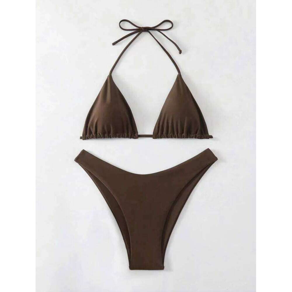 2025 New Set Women Sexy Simple Solid White/Black/Coffee Halter Bikini Swimsuit Lace Up Brazilian Beach Bathing Suit Z260206