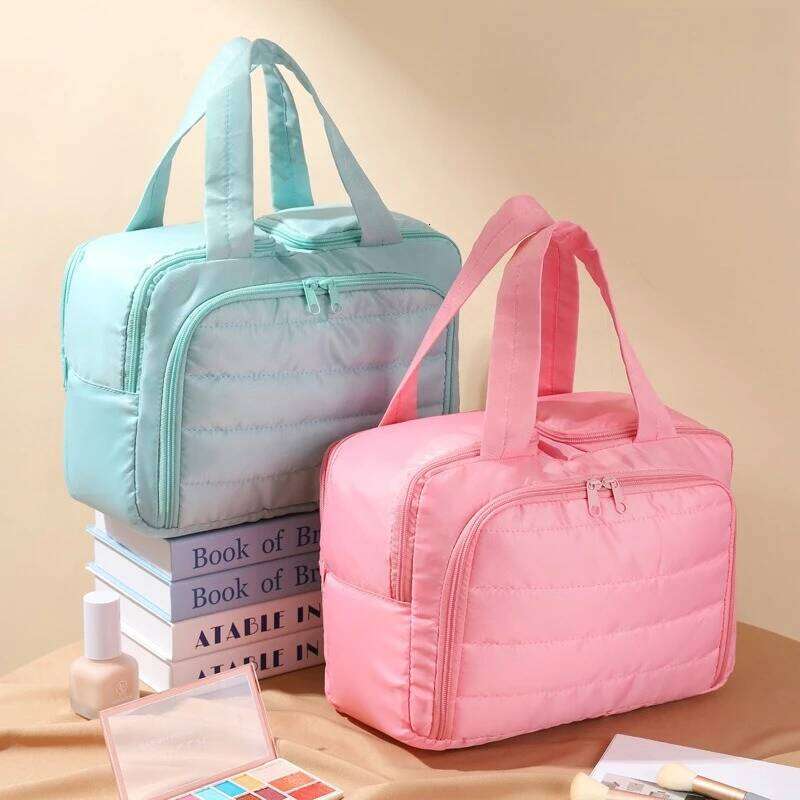 Winter Makeup Bag for Women Thick Quilted Cosmetic Organizer with Mesh Pockets, Large Capacity Travel Toiletry Case Y260206
