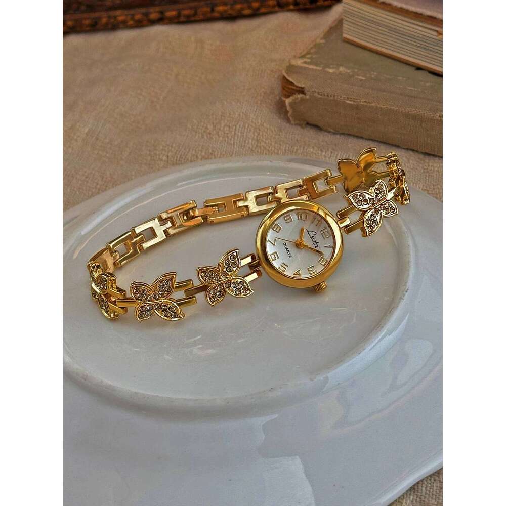1 Piece of French Gold Inlaid Dazzling Rhinestone Butterfly-Shaped Exquisite, Elegant, Unique, Fashionable, High-End, Vintage Women's Bracelet-St