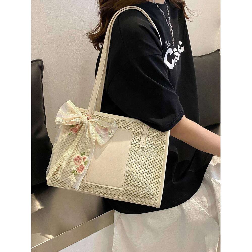 Trendy Lightweight Casual Bow Decor Straw Hollow Out Knitted Flower Tote Large Capacity Shoulder Bag For Teen Girl Women Y260205