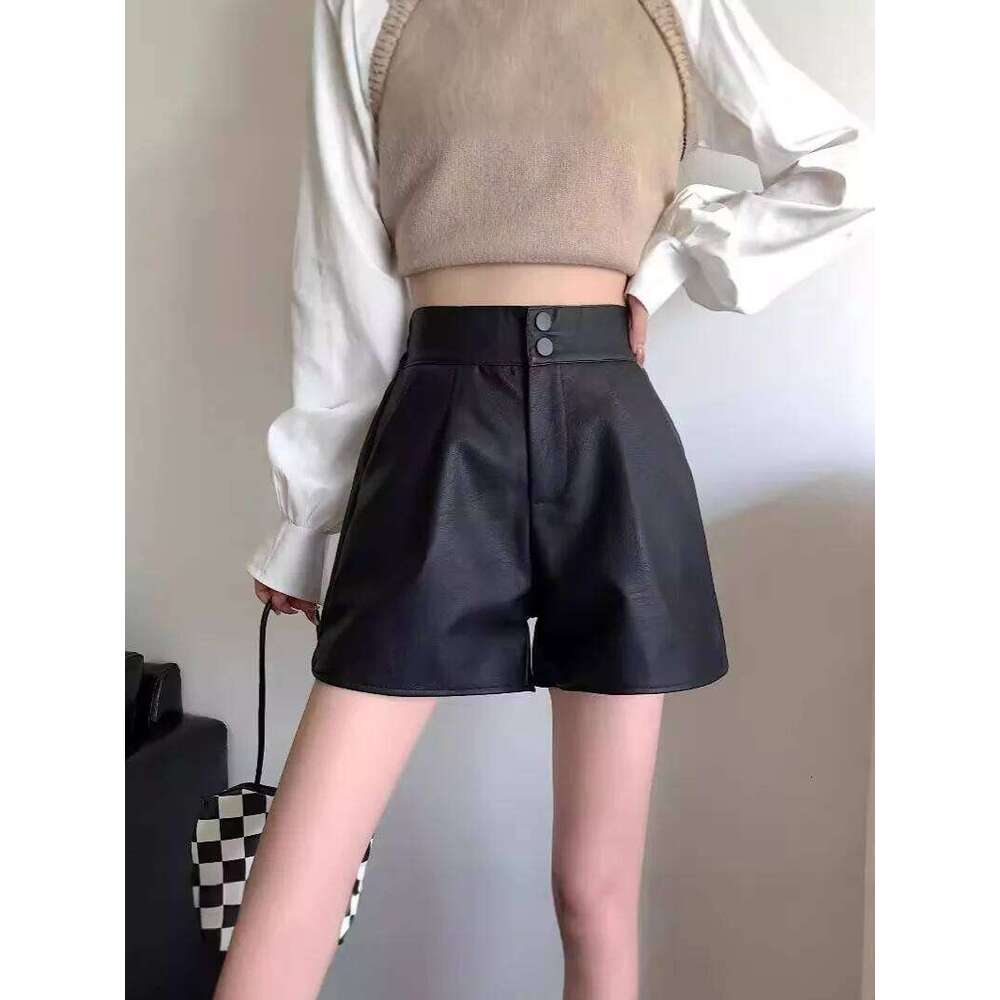 Black Leather Shorts Women's Autumn Outerwear High Waist Slimming Loose Wide Leg Pants Trendy Casual Comfortable XJ260206
