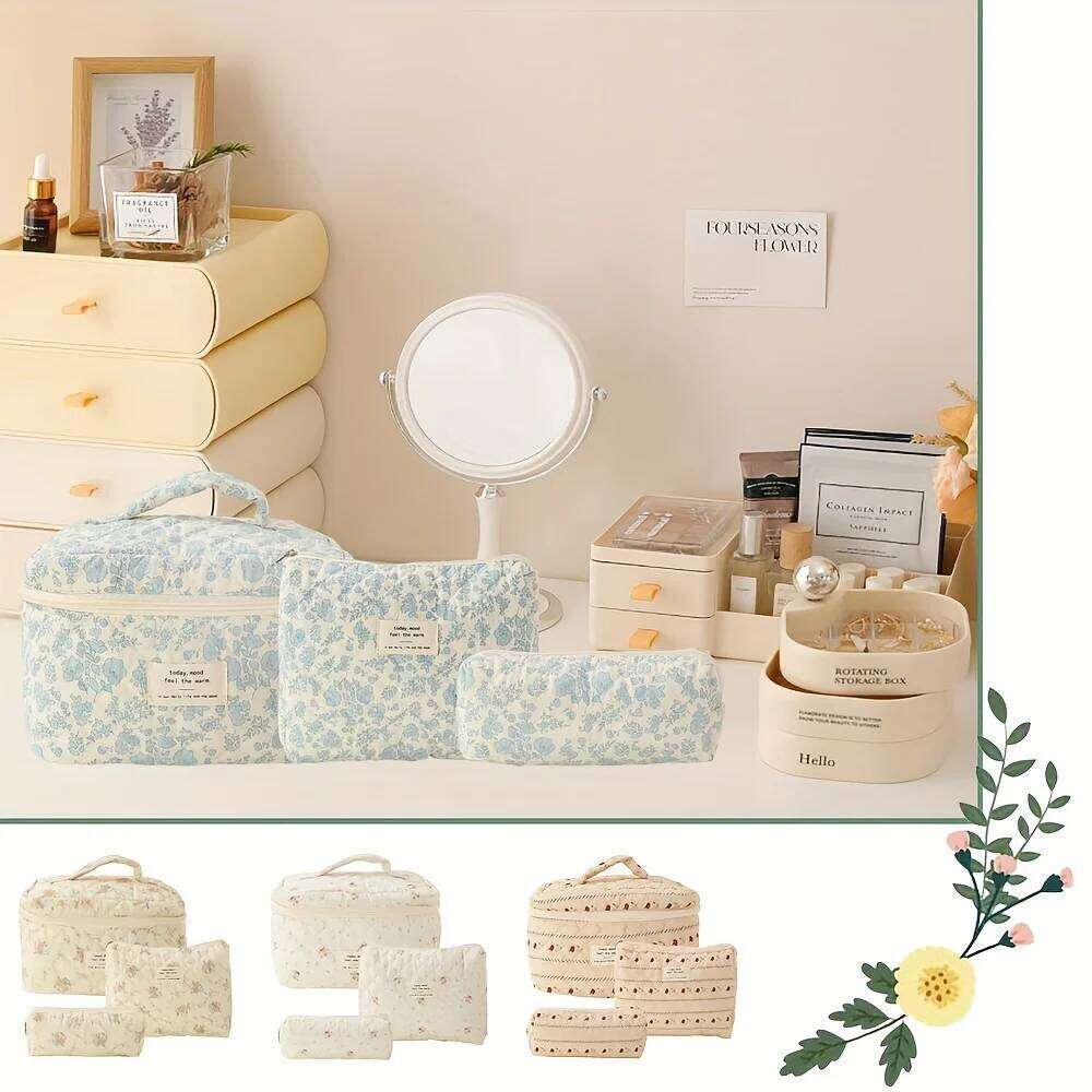 Large Travel Quilted Makeup for Women, Cotton Cosmetic Bag, Coquette Aesthetic Floral Toiletry Organizer Bag Y260206