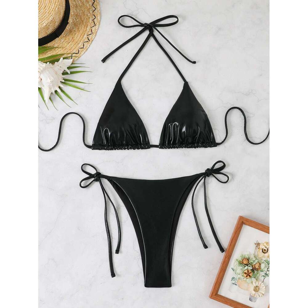 sexy metallic glitter halter tie micro bikinis sets two pieces solid thong bandage swimsuit bathing suit swimwear biquini Z260206