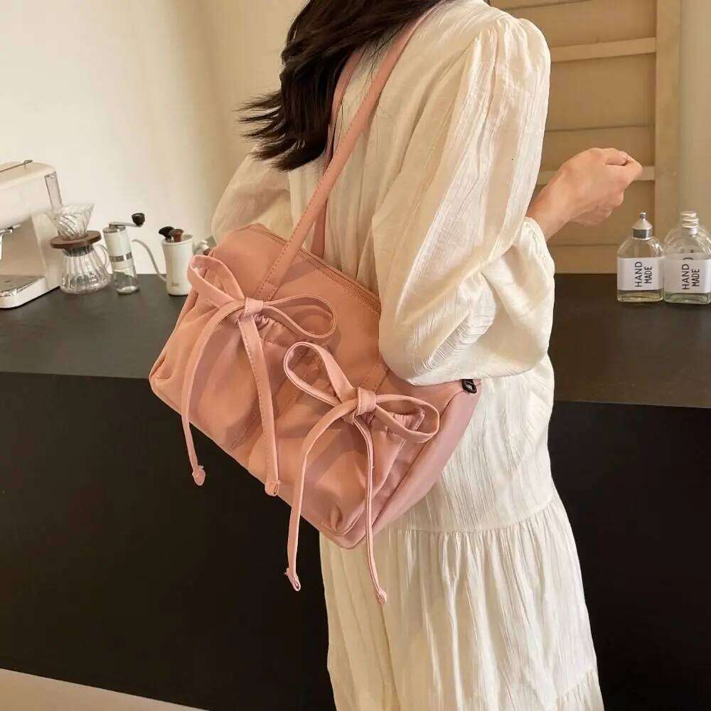 Leisure Bowknot Bow Nylon Tote Large Capacity Korean Style Underarm Handbag Canvas Armpit Bag Girls Y260205