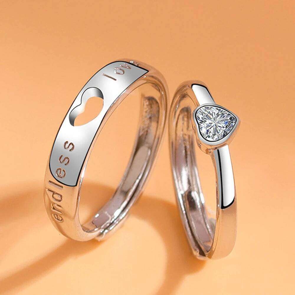 2pcs/Set Adjustable Heart-Shaped Copper Plated Platinum Crystal Couple Ring Men Women Finger Jewelry Wholesale W260206