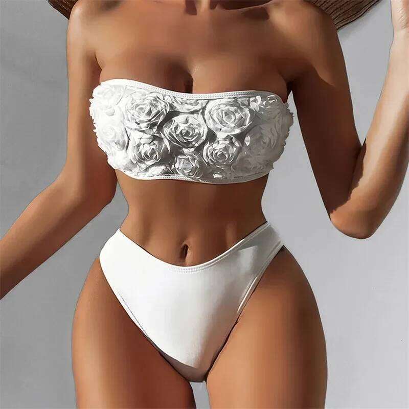 Sexy 3D Flower White Bandeau Bikini High Waist Swimwear 2025 Women Push Up Swimsuits Bathing Suit Bikinis Sets De Mujer Bathers XJ260206
