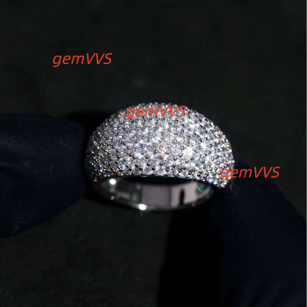 Hip Pop Rock Style Iced Out Pave Diamond Dome Ring Silver 925 Plated With 18K White Gold VVS Moissanite Jewelry