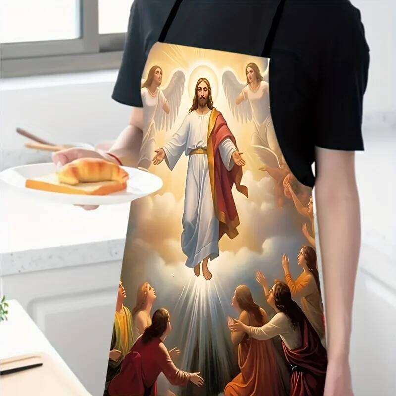 Jesus Print Polyester Apron - Vibrant Sleeveless Kitchen Bib with Ascension Design, Durable & Easy-Clean for Cooking, Grilling S260205